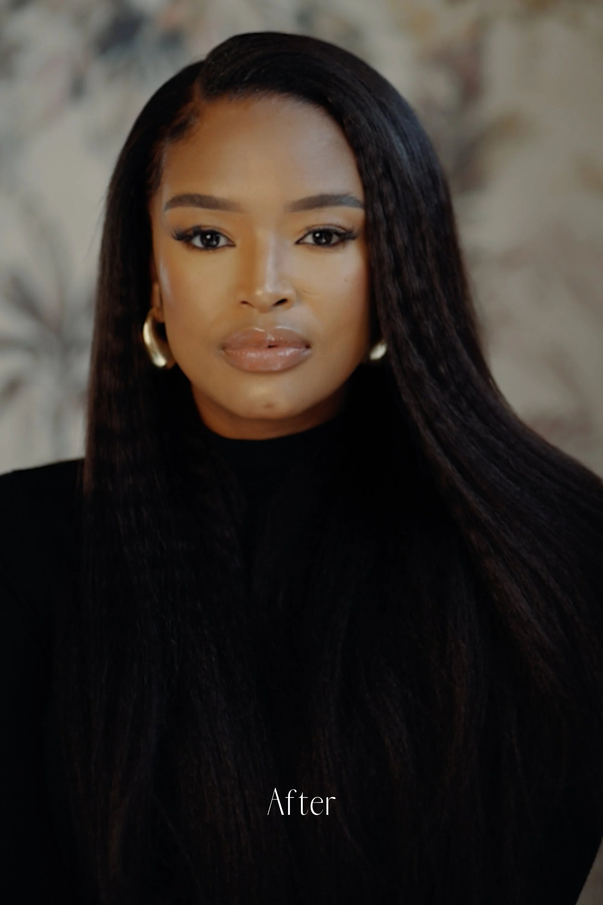 Before and after Frontrow kinky straight clip-in hair extensions on Ayanda Thabethe