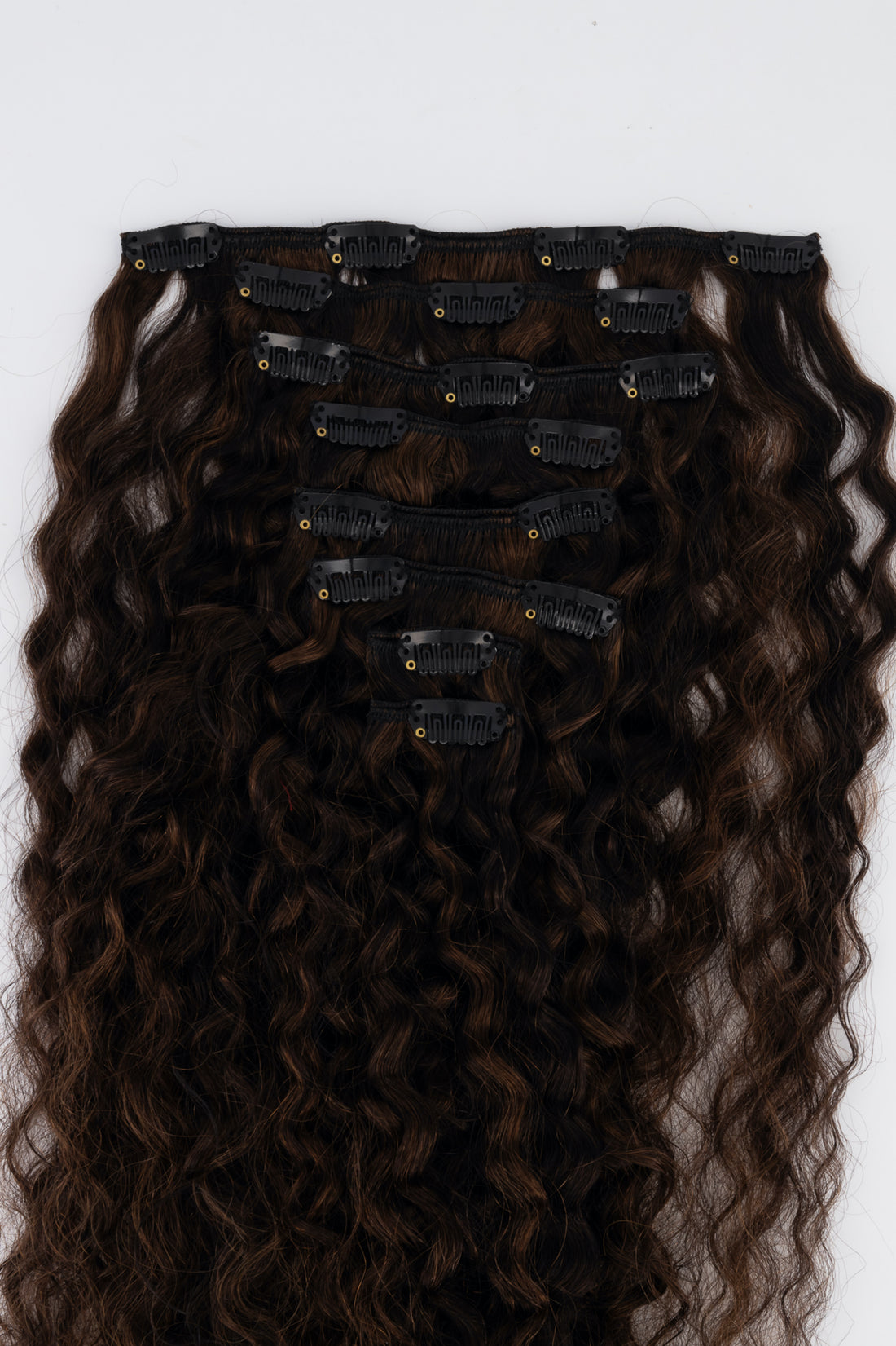 Frotnrow curly clip-in hair extensions in mixed chocolate