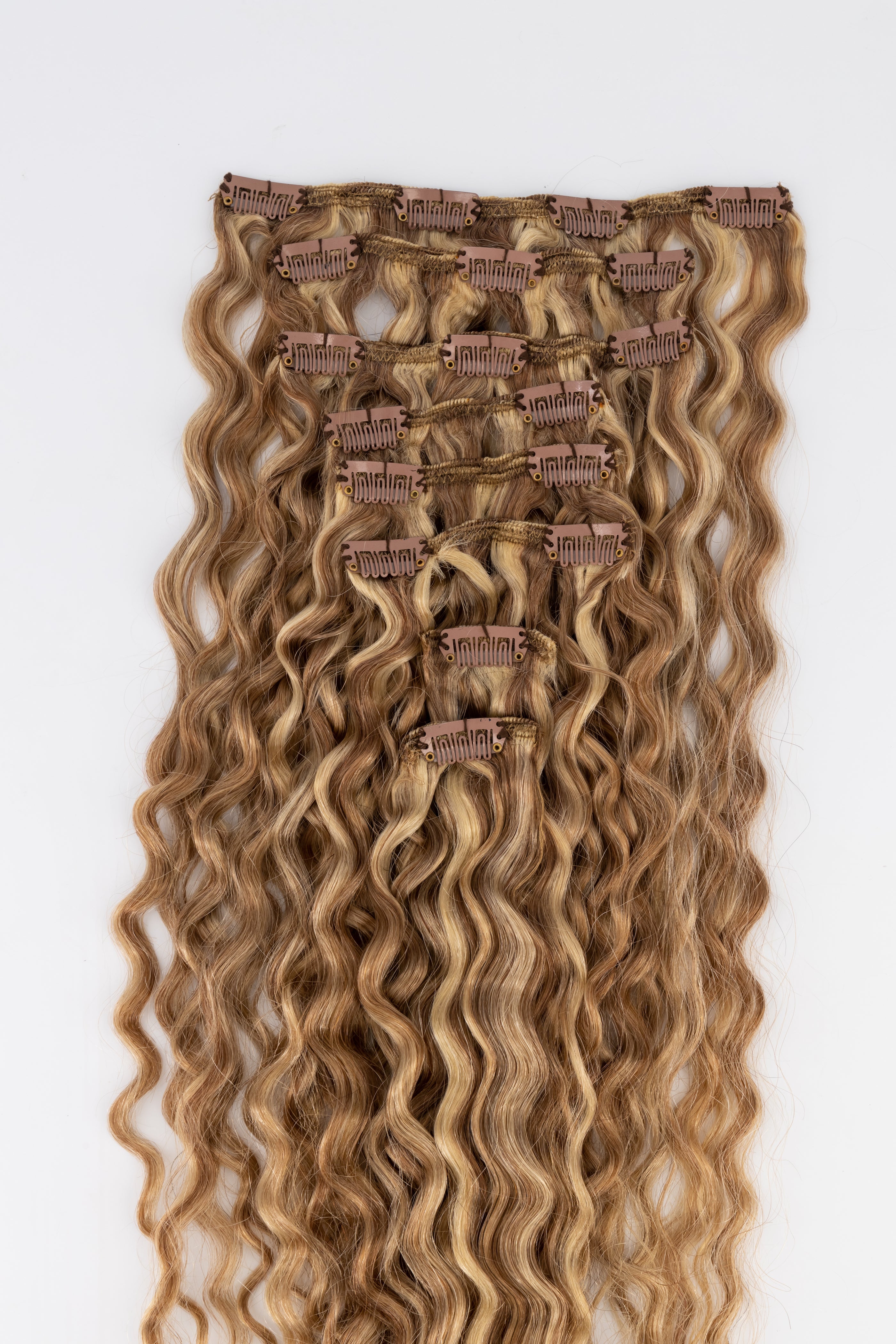 Frontrow curly clip-in hair extensions in mixed toffee blonde