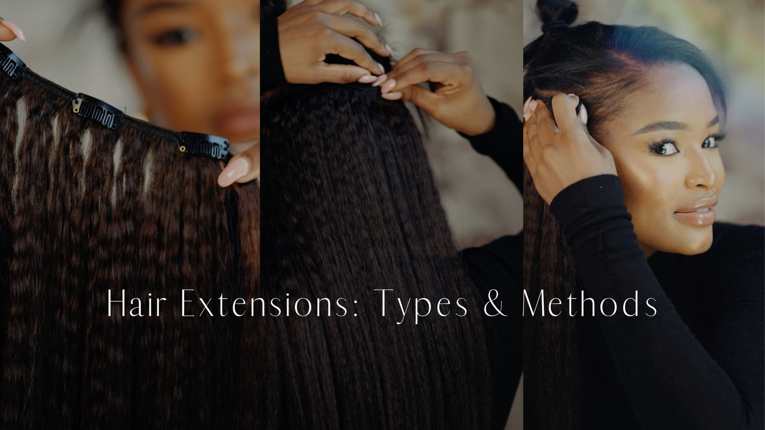 Frontrow blog banner that reads: hair extensions types and methods featuring Ayanda Thabethe inserting Frontrow clip-in hair extensions