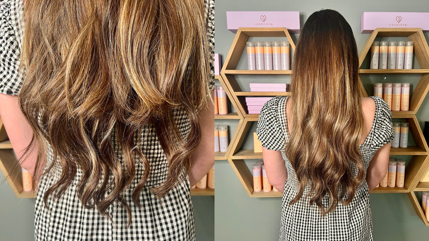 Before and after image of blending Frontrow clip-in hair extensions