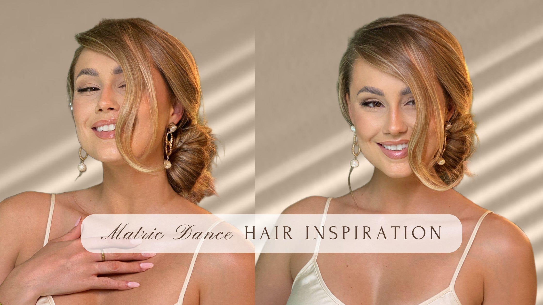 Frontrow blog banner that reads matric dance hair inspo with two images of a model wearing Frontrow clip-in human hair extensions