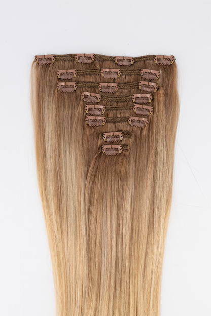Frontrow clip in hair extensions in shade mixed blonde balayage