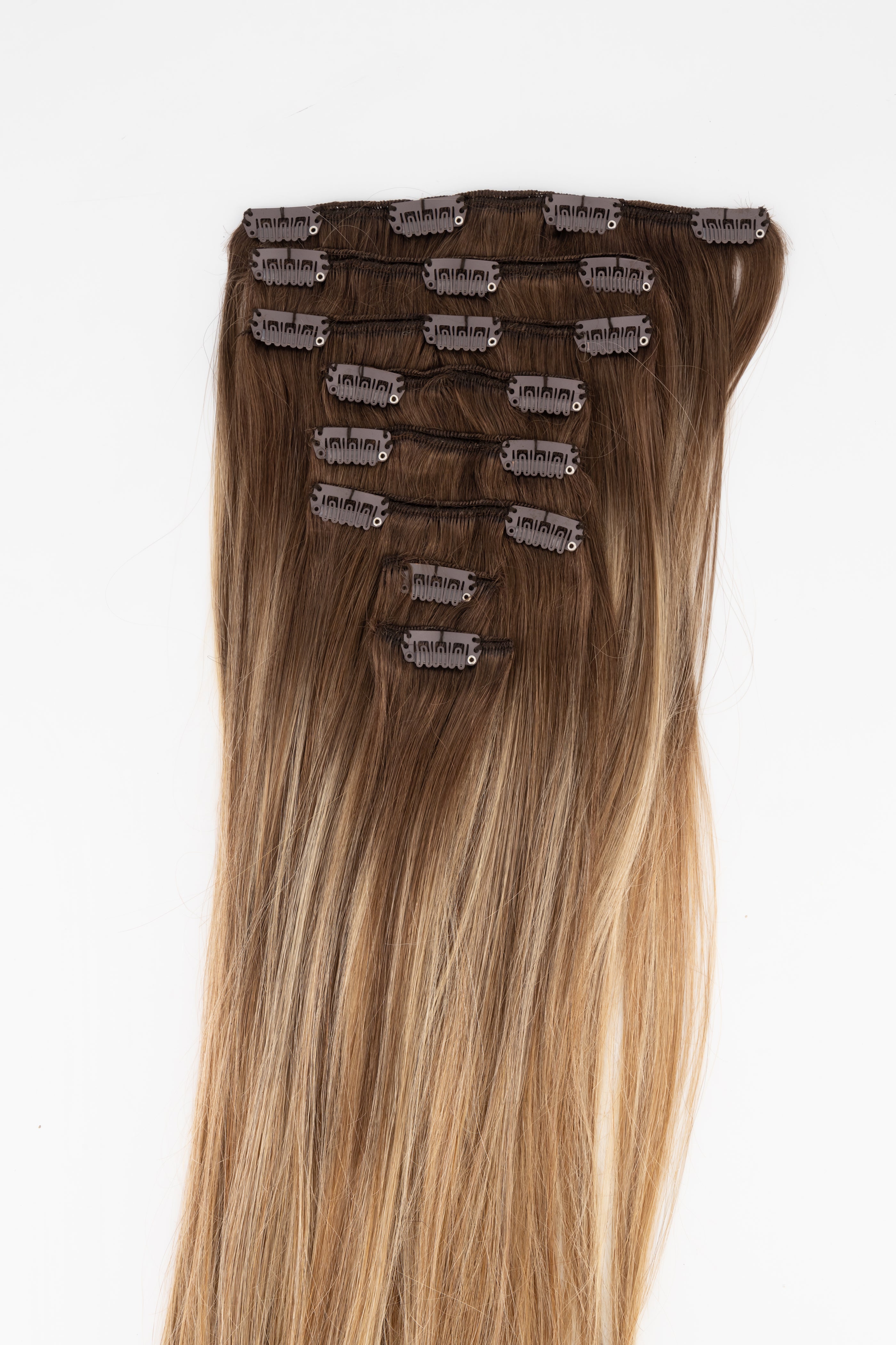 Frontrow clip in hair extensions in shade mixed toffee balayage