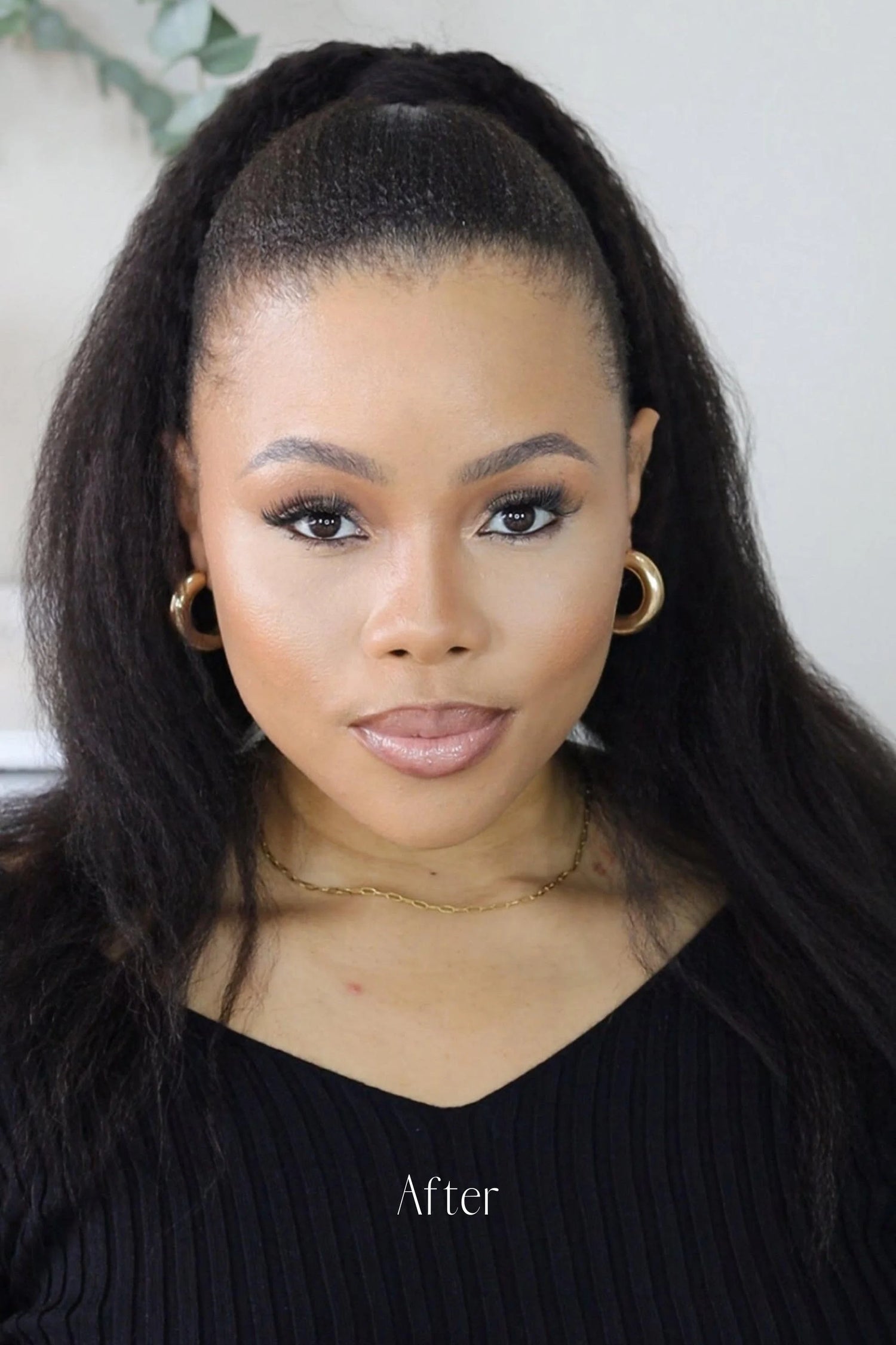 Before and after Frontrow kinky straight clip-in ponytail extensions